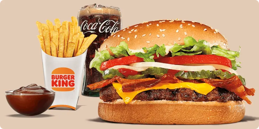King Burger meal with a stacked beef burger, cheese, fresh toppings, and fries