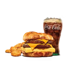 A clean, bright image of a King Burger with cheese and toppings.