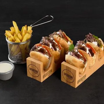 Operation Falafel branded cups and takeaway drinks