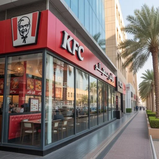KFC in Abu Dhabi restaurant exterior with branded signage and customer
