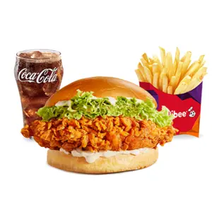 Jollibee Crispy Chicken Sandwich Meal with Fries and Coke