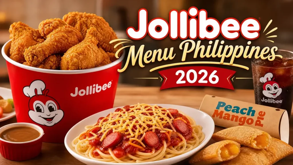 Jollibee Menu Philippines Chickenjoy, Spaghetti, aur Pie ka spread.