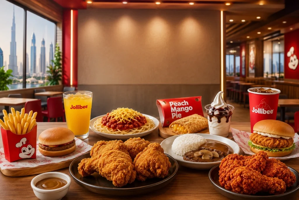 Jollibee menu UAE restaurant with Chickenjoy bucket, family meals and delivery service.