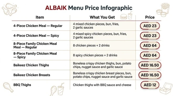 ALBAIK chicken meal price table showing 4-piece and 8-piece chicken meals, Baikeez chicken thighs and breasts, and BBQ thighs with their included items and AED prices.
