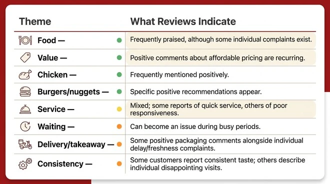 ALBAIK customer review insights table showing feedback themes for food, value, chicken, burgers and nuggets, service, waiting, delivery and takeaway, and consistency.