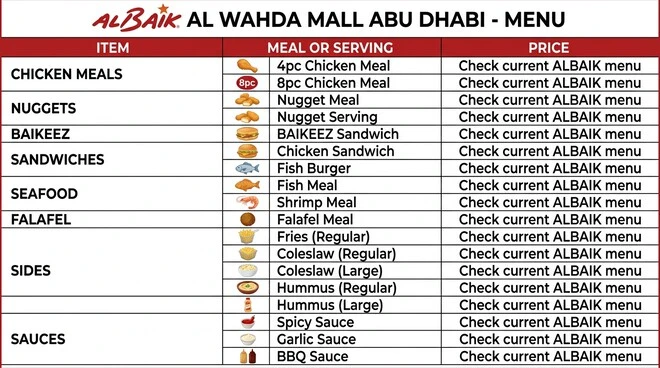 ALBAIK menu table listing chicken meals, sandwiches, seafood, shrimp, falafel, sides and sauces with a note to check current prices.
