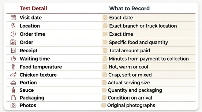 ALBAIK restaurant visit testing checklist showing details to record for the date, location, order, receipt, waiting time, food temperature, chicken texture, portion, sauce, packaging, and original photographs.
