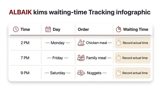 ALBAIK waiting-time tracking table showing Monday at 2 PM for a chicken meal, Friday at 7 PM for a family meal, and Saturday at 9 PM for nuggets, with actual waiting times to be recorded.