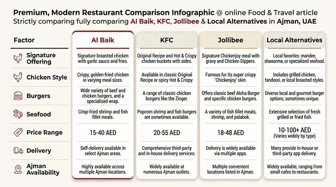 Comparison table of Al Baik, KFC, Jollibee, and local Ajman restaurants covering signature offerings, chicken styles, burgers, seafood, price ranges, delivery, and Ajman availability.