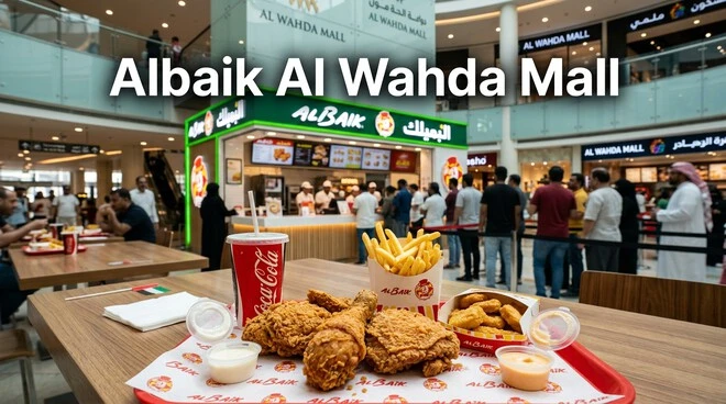 Albaik Al Wahda Mall Abu Dhabi restaurant with broasted chicken, nuggets, fries and garlic sauce