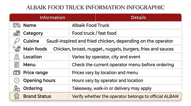 Albaik Food Truck information table showing its category, cuisine, main foods, variable location, menu and prices, opening hours, ordering options, and the need to verify official ALBAIK brand status.