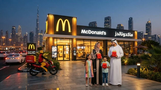McDonald's in UAE with golden arches, modern city skyline, and a family enjoying Happy Meals outside. Perfect guide to McDonald’s locations, menu, and opening hours across Dubai, Abu Dhabi, and other emirates.