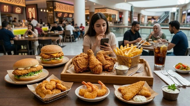 Customers dining and reviewing Albaik Dubai Mall experience