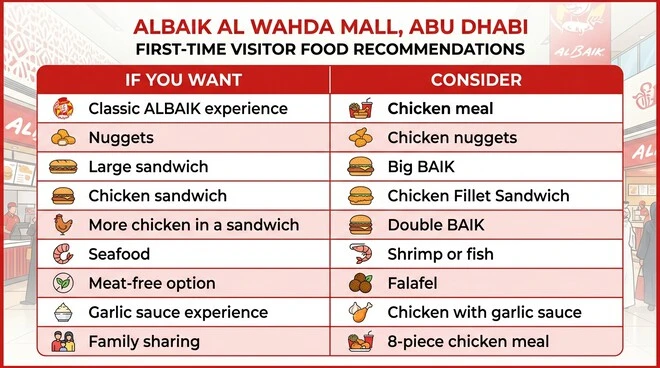 First-time visitor food guide showing ALBAIK choices such as chicken meals, nuggets, Big BAIK, seafood, falafel and family sharing meals.
