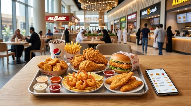 Albaik Dubai Mall menu with chicken seafood fries and garlic sauce