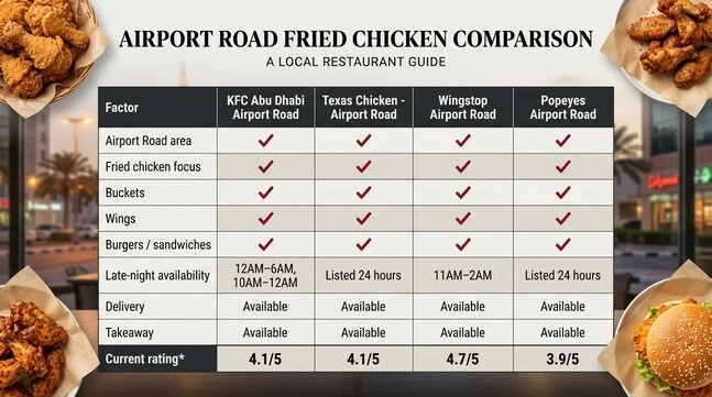 Comparison table for KFC Abu Dhabi Airport Road, Texas Chicken, Wingstop, and Popeyes showing food categories, late-night availability, delivery, takeaway, and current listed ratings.