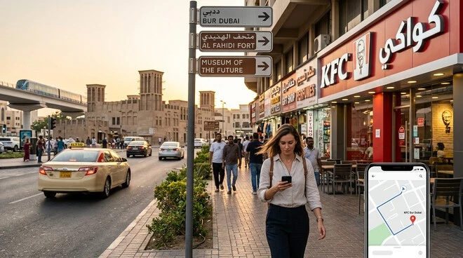 KFC Bur Dubai storefront with pedestrian navigation and Al Fahidi surroundings