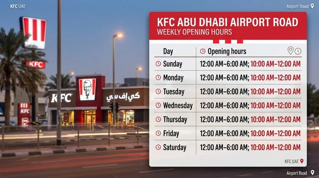 KFC Abu Dhabi Airport Road weekly opening-hours table showing the same listed hours from Sunday through Saturday.