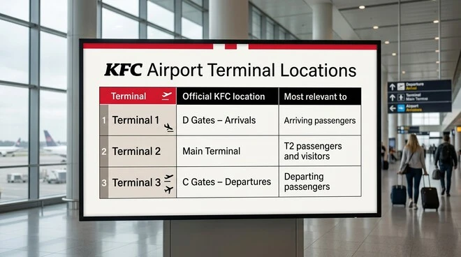 KFC airport terminal location table showing Terminal 1 at D Gates – Arrivals, Terminal 2 at the Main Terminal, and Terminal 3 at C Gates – Departures, with the relevant passenger group for each.