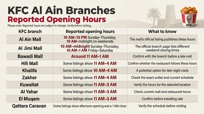 KFC Al Ain opening-hours table covering Al Ain Mall, Al Jimi Mall, Bawadi Mall, Hili Mall, Khalifa, Zakher, Kuwaitat, Al Yahar, El Muqam, and Qattara Caravan, with reported opening times and branch-specific verification notes.