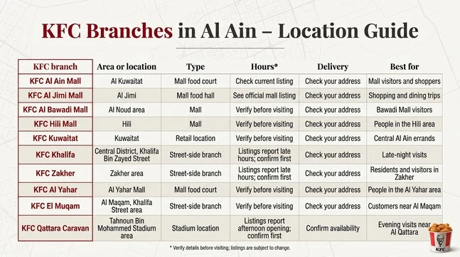 Table of 10 KFC branches in Al Ain, including Al Ain Mall, Al Jimi Mall, Al Bawadi Mall, Hili Mall, Kuwaitat, Khalifa, Zakher, Al Yahar, El Muqam, and Qattara Caravan, with area, branch type, hours notes, delivery guidance, and best-for information.