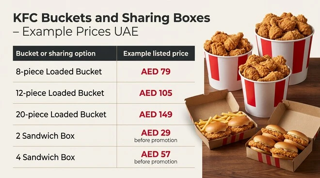 KFC buckets and sharing boxes price table listing the 8-piece Loaded Bucket at AED 79, 12-piece Loaded Bucket at AED 105, 20-piece Loaded Bucket at AED 149, 2 Sandwich Box at AED 29 before promotion, and 4 Sandwich Box at AED 57 before promotion.