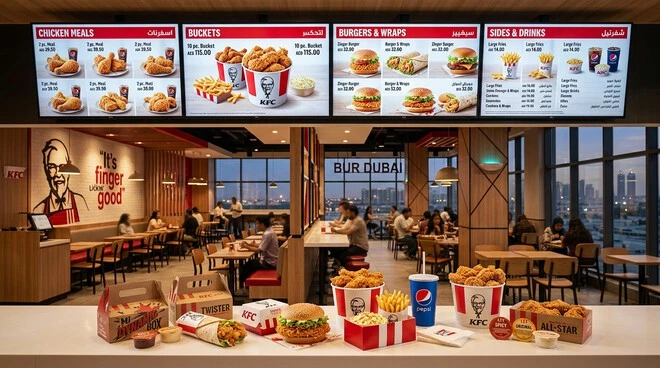 KFC menu boards and chicken meals inside a Bur Dubai restaurant