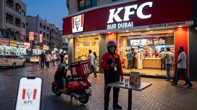 KFC Bur Dubai restaurant with delivery rider and ordering counter