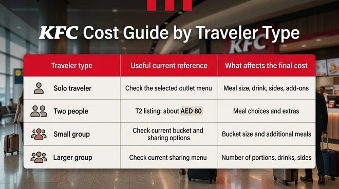 KFC-branded traveler cost guide showing references and cost factors for solo travelers, two people, small groups, and larger groups, including the T2 listing of about AED 80.