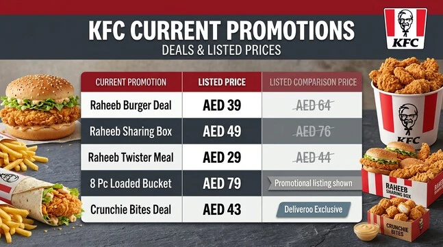 KFC current promotions table showing Raheeb Burger Deal, Raheeb Sharing Box, Raheeb Twister Meal, 8 Pc Loaded Bucket, and Crunchie Bites Deal with listed prices and comparison information.