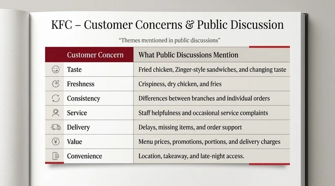 KFC customer discussion table covering public mentions about taste, freshness, consistency, service, delivery, value, and convenience.