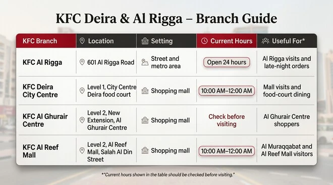 KFC Deira and Al Rigga branch comparison showing four locations, their addresses, settings, current opening hours, and useful information for visitors.