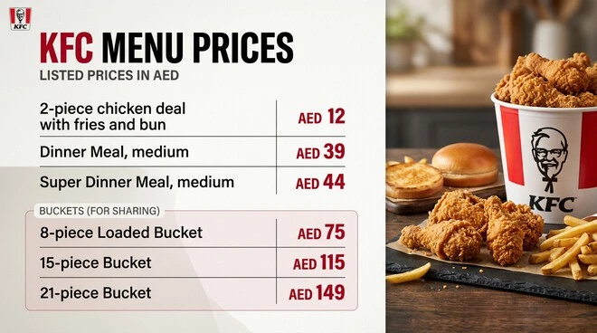 KFC menu price table listing a 2-piece chicken deal with fries and bun for AED 12, medium Dinner Meal for AED 39, medium Super Dinner Meal for AED 44, 8-piece Loaded Bucket for AED 79, 12-piece Loaded Bucket for AED 105, and 20-piece Loaded Bucket for AED 149.