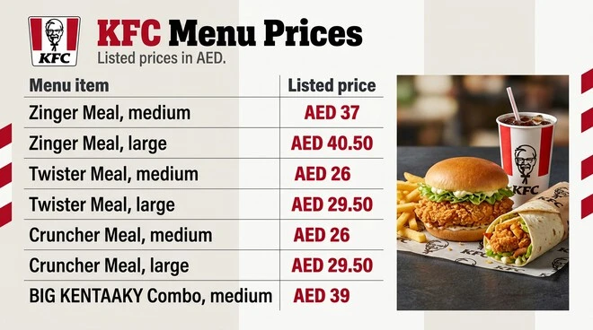KFC menu price table showing Zinger Meal medium at AED 37 and large at AED 40.50; Twister Meal medium at AED 26 and large at AED 29.50; Cruncher Meal medium at AED 26 and large at AED 29.50; and BIG KENTUCKY Combo medium at AED 39.
