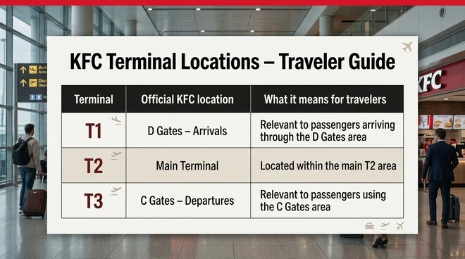 KFC terminal guide showing T1 at D Gates – Arrivals, T2 in the Main Terminal, and T3 at C Gates – Departures, with traveler relevance for each location.