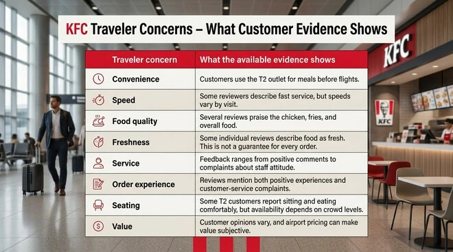 KFC traveler concerns evidence table covering convenience, speed, food quality, freshness, service, order experience, seating, and value based on available customer feedback.v