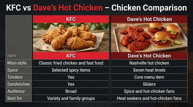Comparison table of KFC and Dave’s Hot Chicken showing differences in main style, spice options, tenders, sandwiches, audience, and best-for categories.