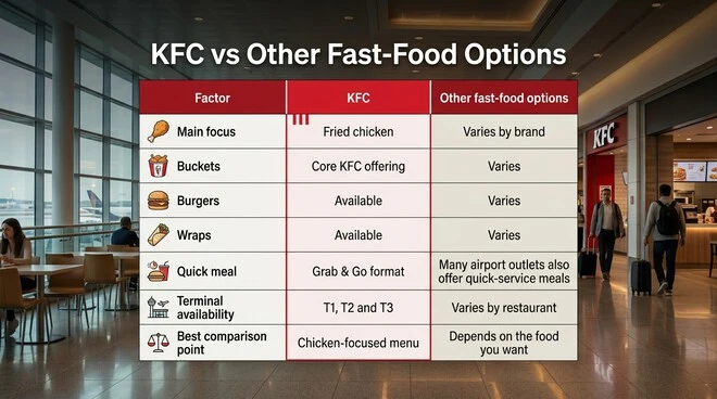 KFC versus other fast-food options comparison table covering fried chicken, buckets, burgers, wraps, quick meals, terminal availability, and the main comparison point.