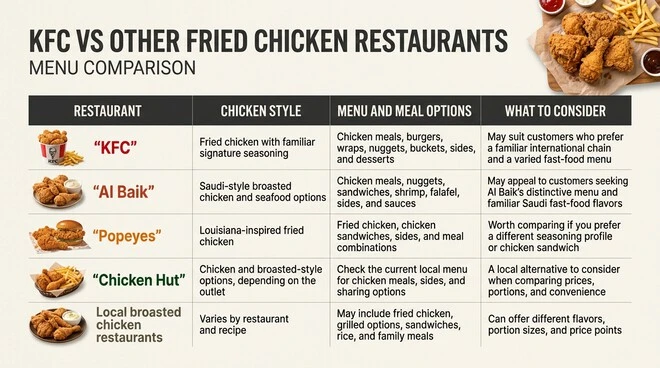 Comparison table of KFC, Al Baik, Popeyes, Chicken Hut, and local broasted chicken restaurants, showing their chicken styles, menu and meal options, and considerations such as flavor preferences, prices, portions, and convenience.