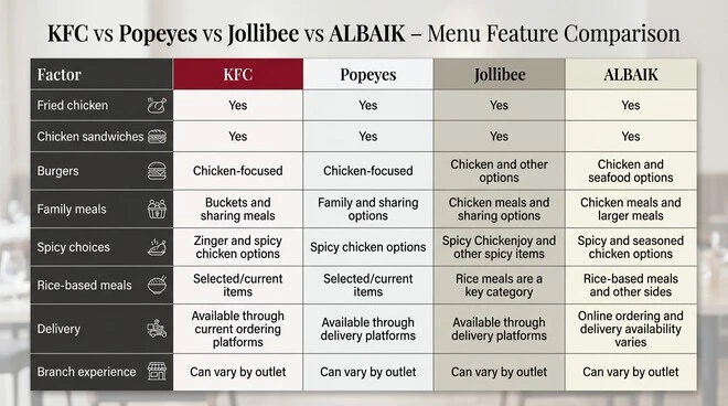 Comparison table of KFC, Popeyes, Jollibee, and ALBAIK showing their fried chicken, sandwiches, burgers, family meals, spicy options, rice-based meals, delivery availability, and branch experience.