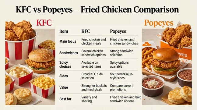 KFC versus Popeyes comparison table showing differences in chicken meals, sandwiches, spicy choices, sides, value considerations, and dining preferences.