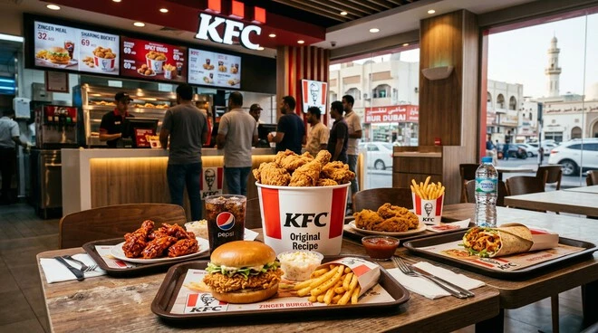 KFC chicken, burgers, wings, fries and sharing bucket at a Bur Dubai restaurant