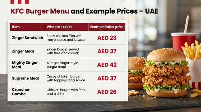 KFC burger menu comparison showing five items and example prices: Zinger Sandwich AED 23, Zinger Meal AED 37, Mighty Zinger Meal AED 42, Supreme Meal AED 37, and Cruncher Combo AED 26, with a short description of each item.